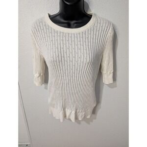 GAP Ivory Ribbed Pointelle Knit Top Small‎ Elbow Sleeve Cotton Modal